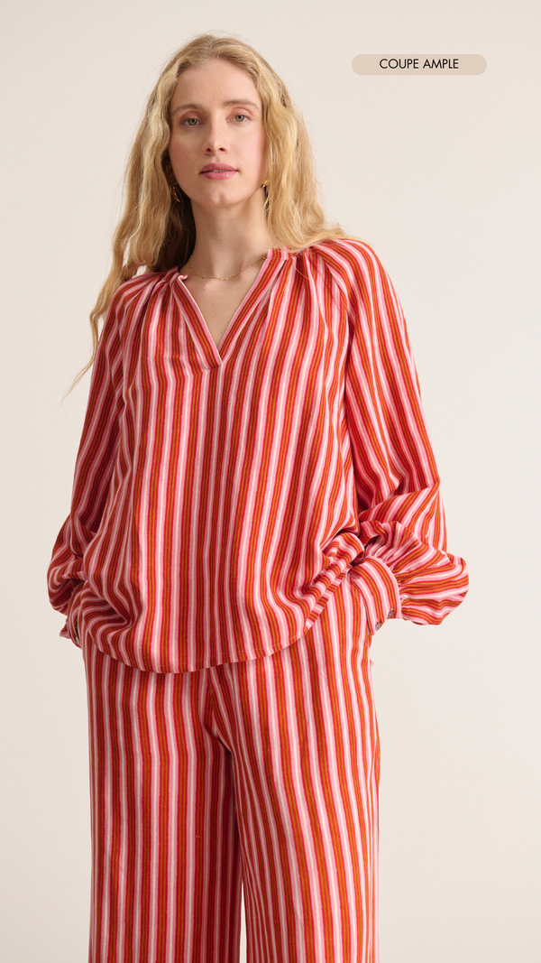 Blouse with long sleeves and wide V-neckline, buttoned cuffs, striped pattern, red color, Parisian brand Garance 