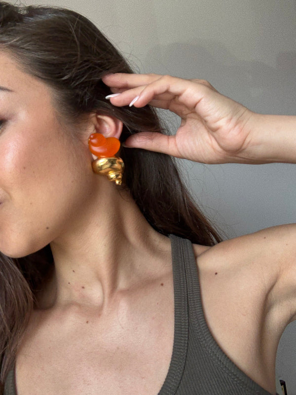 Vintage Christian Dior Earrings - Gold Shells and Orange Resin