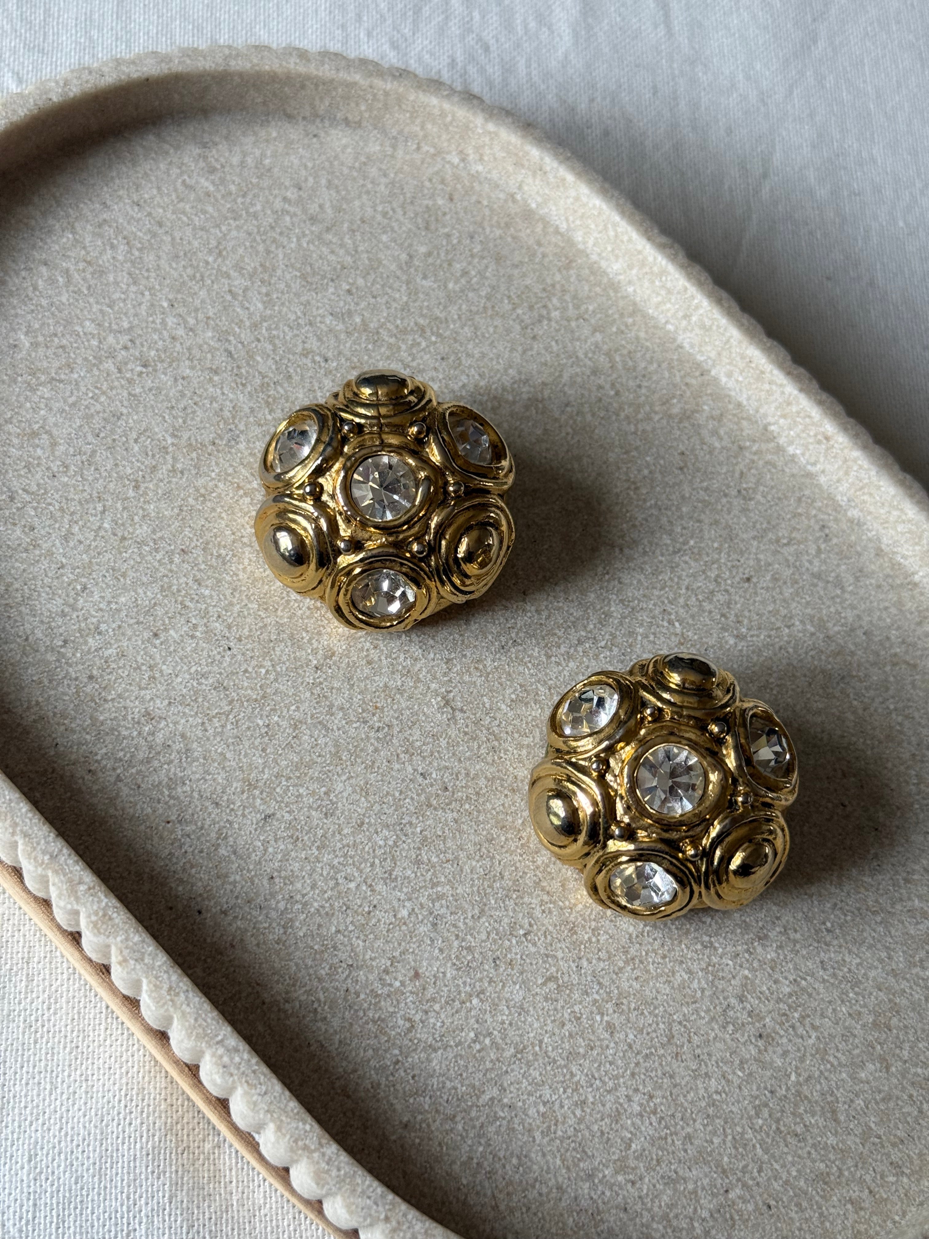 Vintage Earrings - Gold Resin And Rhinestones