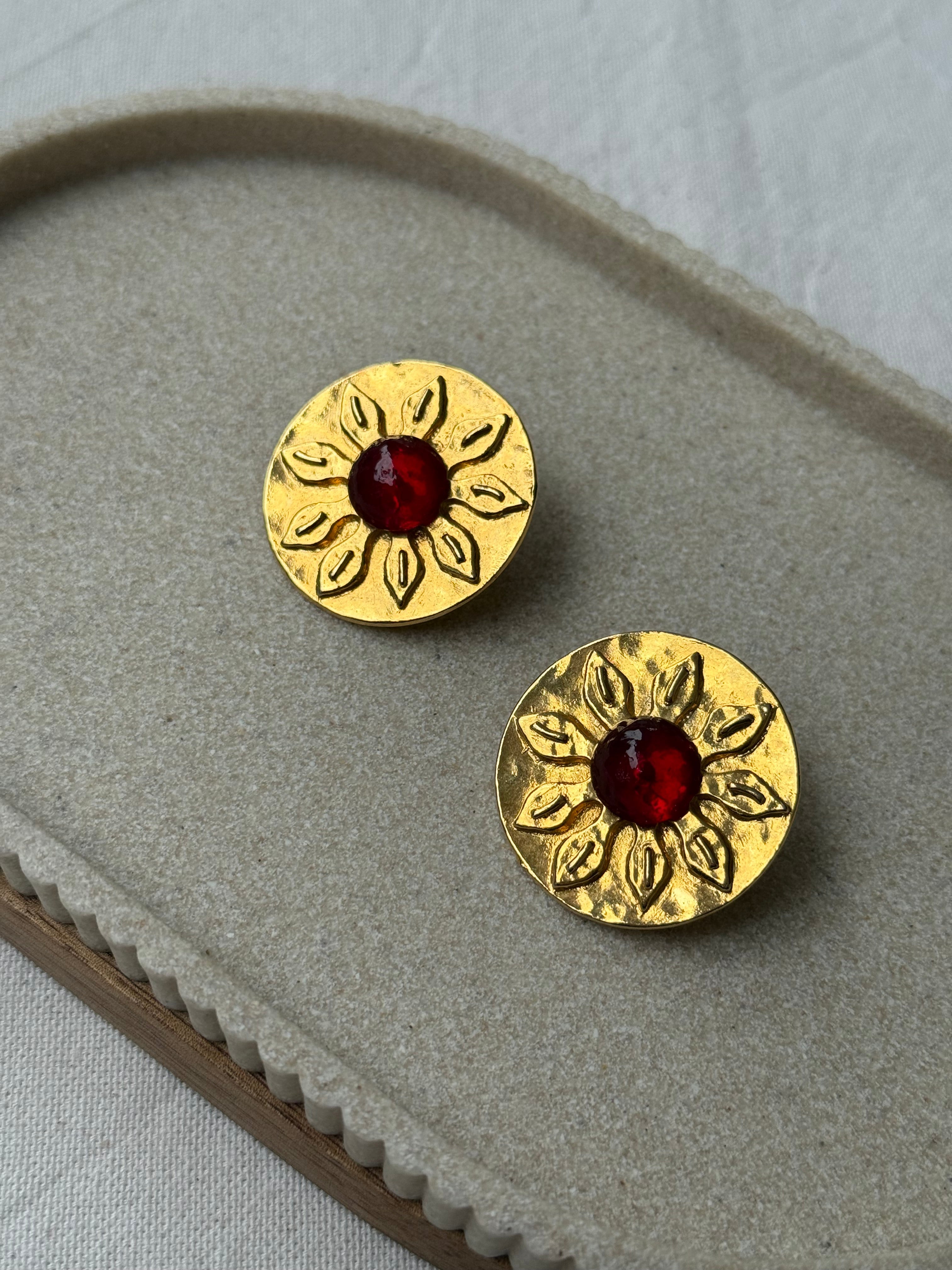 Vintage Carita Earrings - Golden Flowers and Red Cabochon