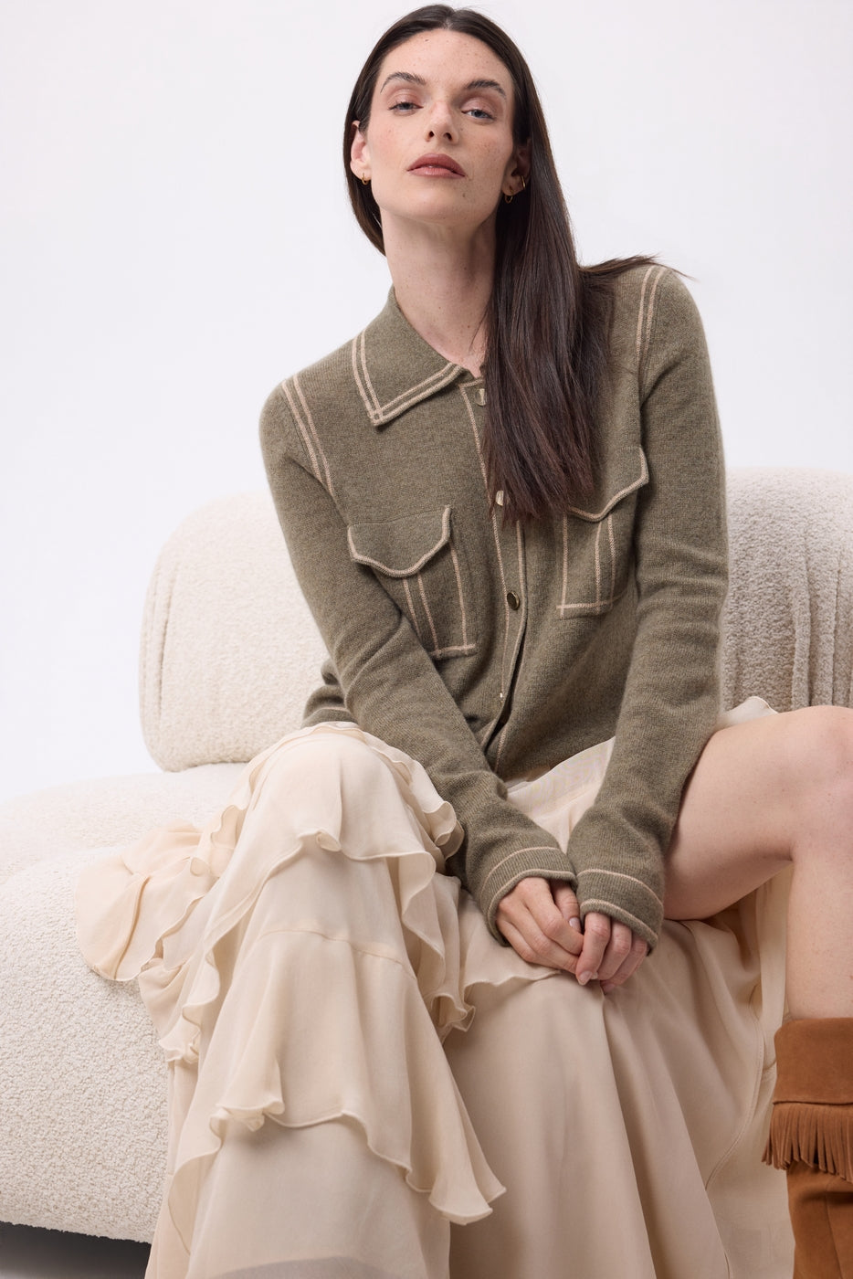 Camicia Denim Dalila - Kaki Chine Beige Crema - Donna - 100% Cashmere