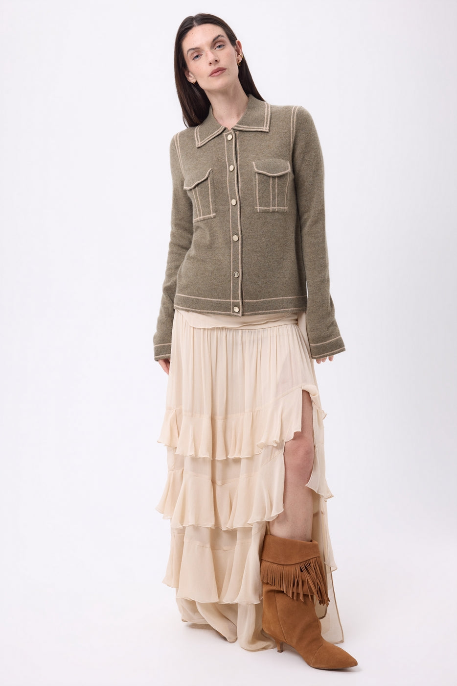 Camicia Denim Dalila - Kaki Chine Beige Crema - Donna - 100% Cashmere