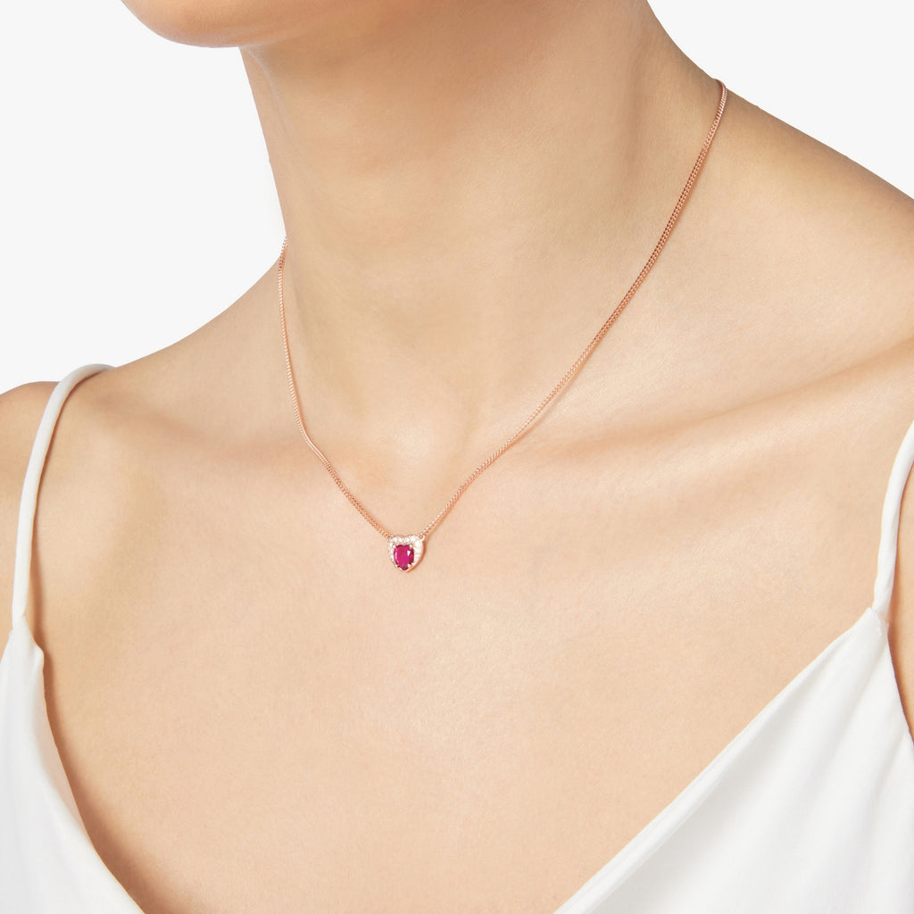 Ketting Hart - 9K roségoud, synthetische robijn & diamanten