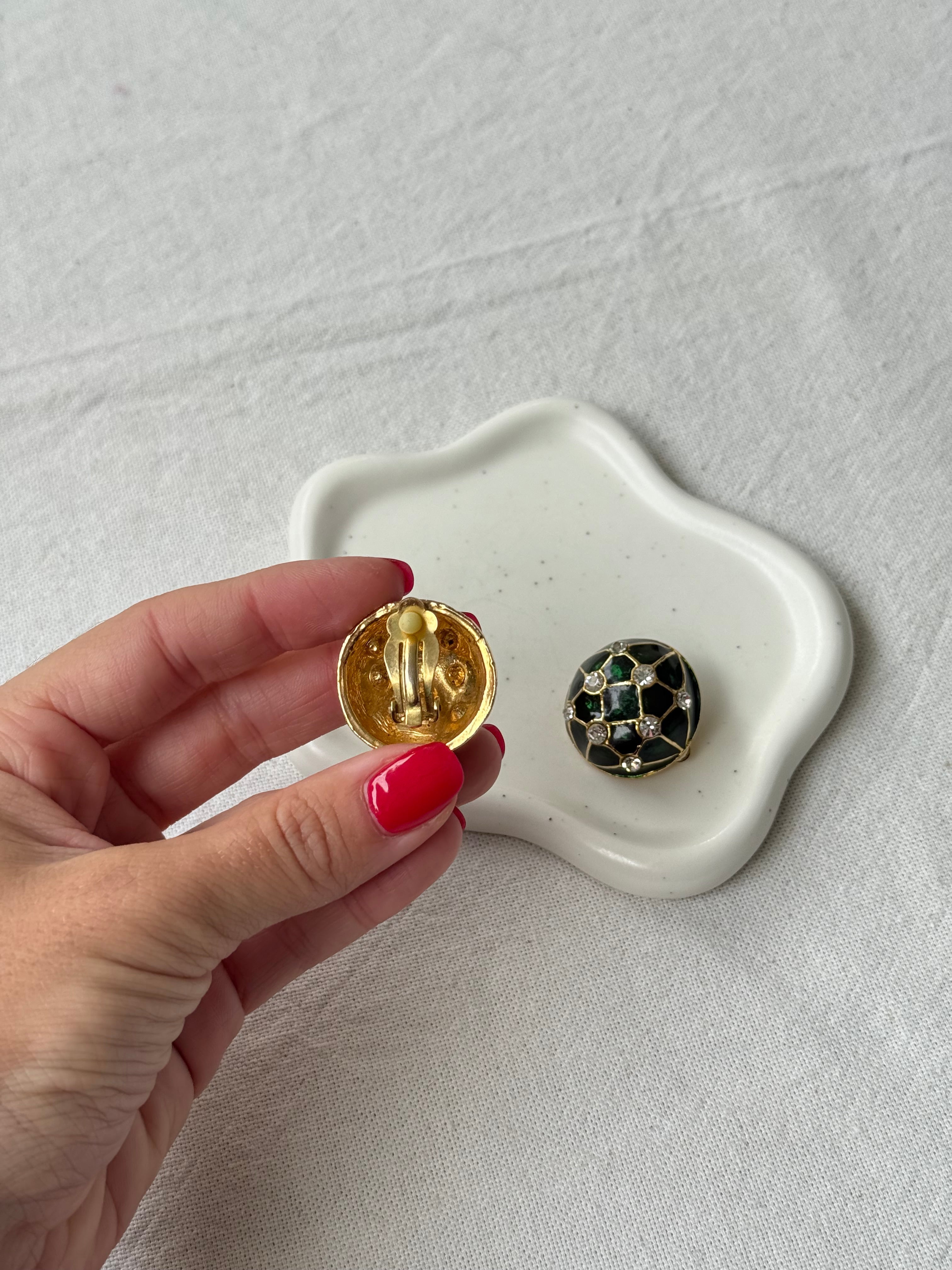 Vintage Earrings - Green Enamel And Rhinestones