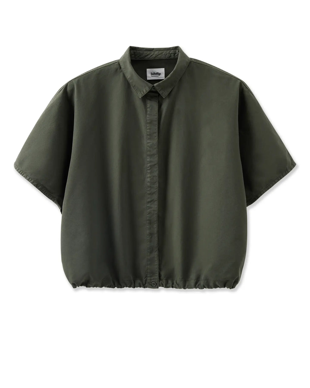 Khaki women's shirt in light poplin, loose fit with short sleeves and classic collar, ideal for a casual and elegant style.