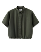 Khaki women's shirt in light poplin, loose fit with short sleeves and classic collar, ideal for a casual and elegant style.