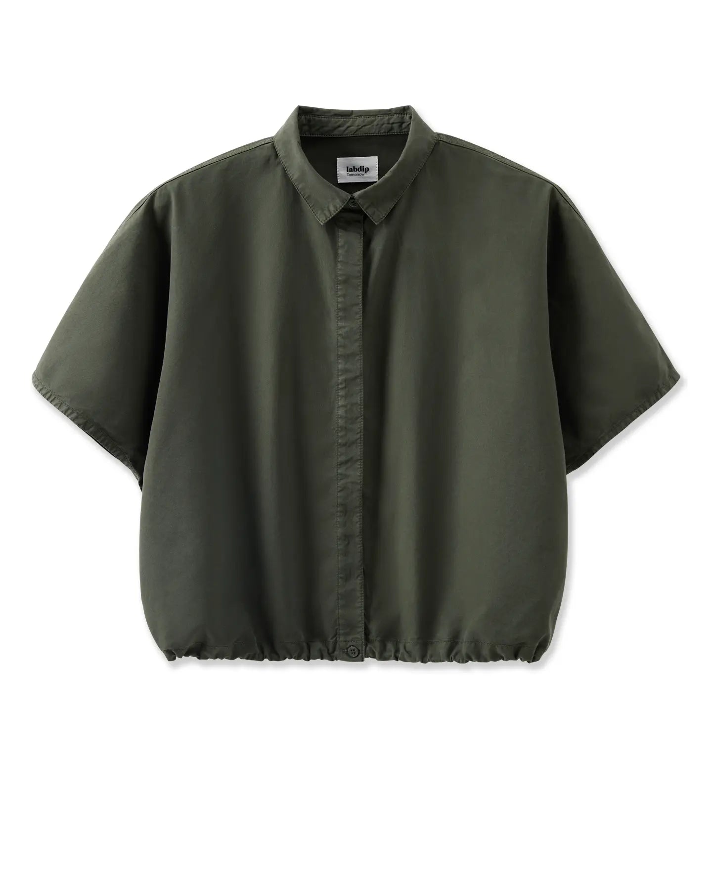 Khaki women's shirt in light poplin, loose fit with short sleeves and classic collar, ideal for a casual and elegant style.