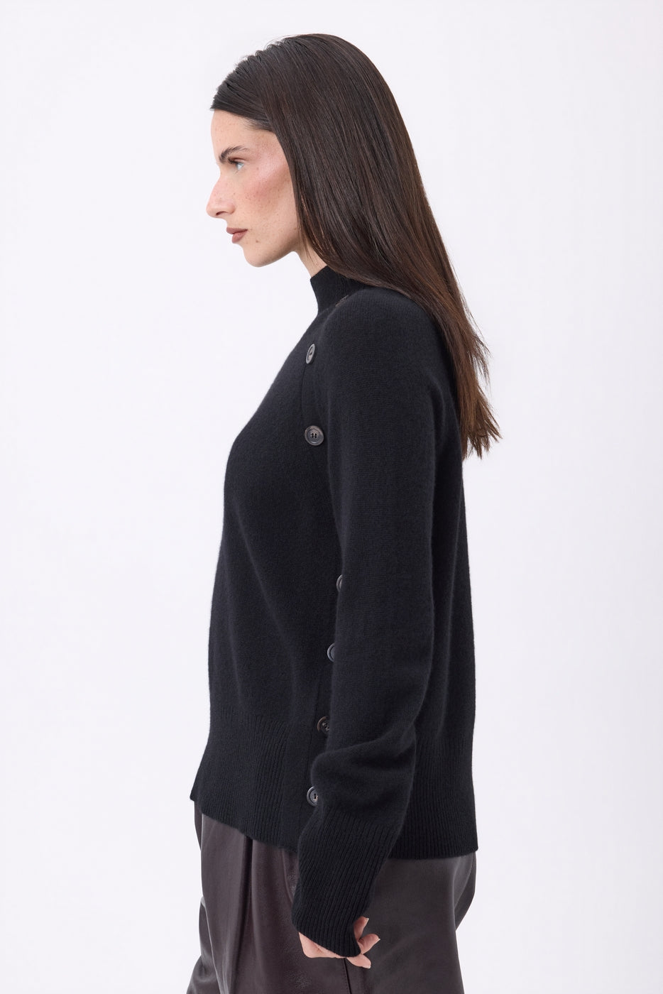 Pull Col Montant Boutons Diagonale - Noir - Femme - 100% Cachemire