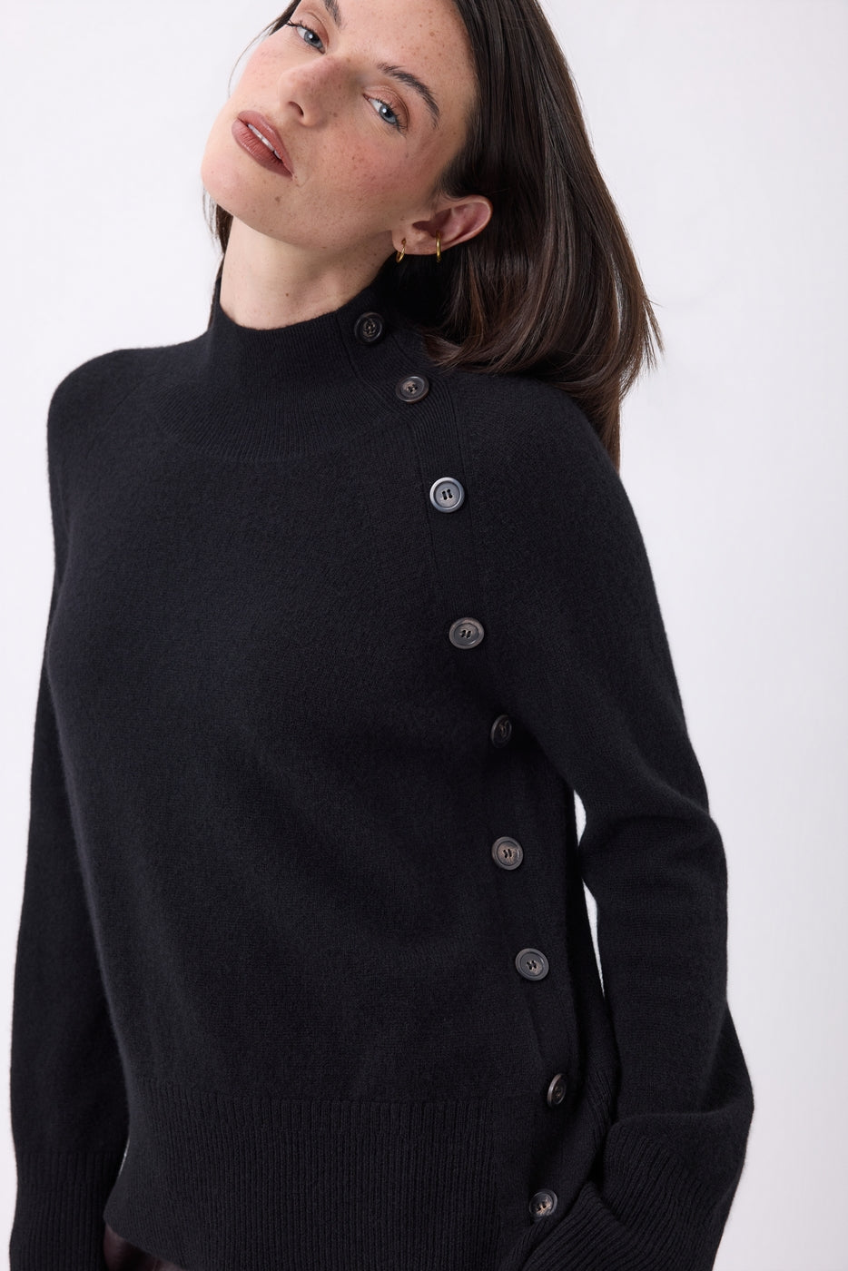 Pull Col Montant Boutons Diagonale - Noir - Femme - 100% Cachemire