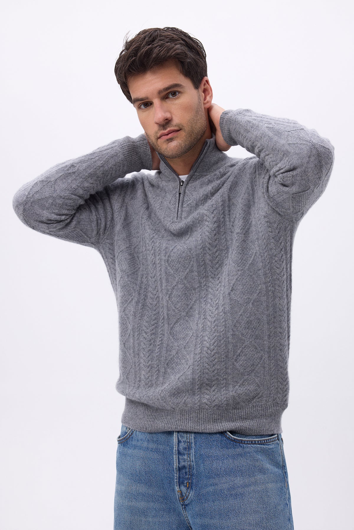 Maglione a trecce con collo alto con zip H Dov - Grigio scuro - Uomo