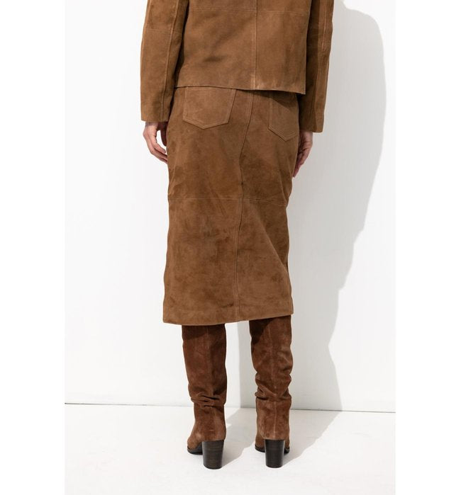 Falda midi de mujer 100% piel ante - Gris oscuro liso