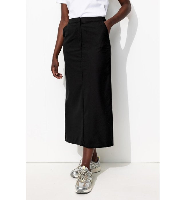 Mujer Falda midi con abertura, Color liso, Negro oscuro