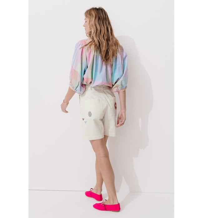 Shorts De Lona De Sarga Bordados - Natural Claro Liso