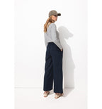 Pantalon Large en Lin Mélangé - Bleu Uni Fonce