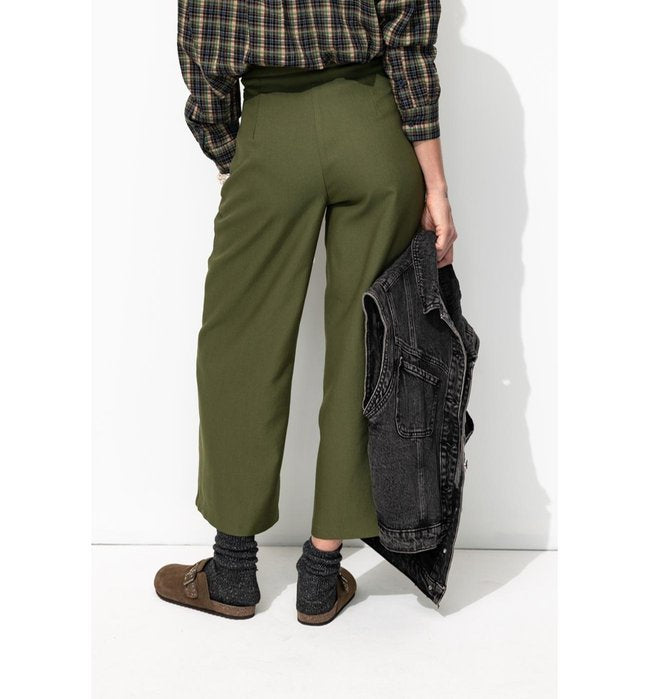 Wide Cropped Trousers - Plain Dark Khaki