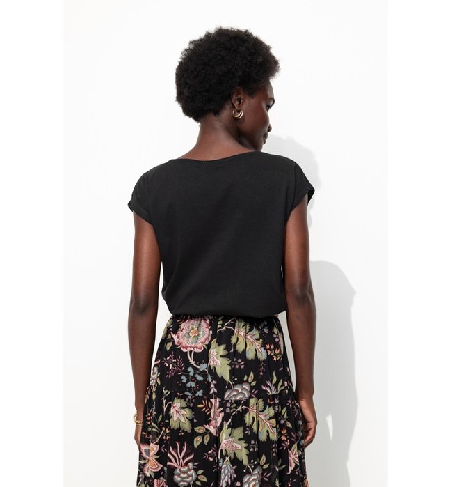 Mujer Camiseta con detalle de encaje, Color liso, Negro oscuro