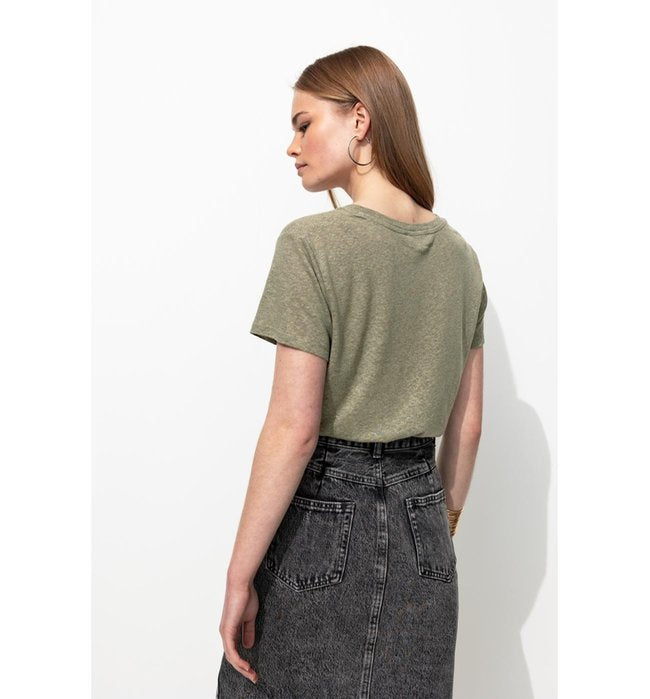 Women's Linen Blend T-shirt - Plain Light Khaki