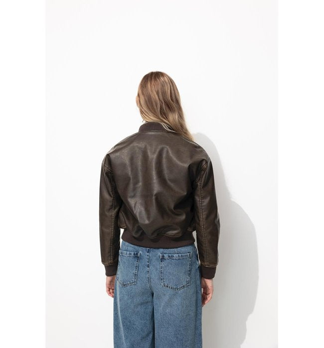 Women's Faux Bomber Jacket - Plain Dark Brown
