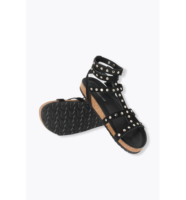 Women's Studded Leather Sandals - Plain Dark Black