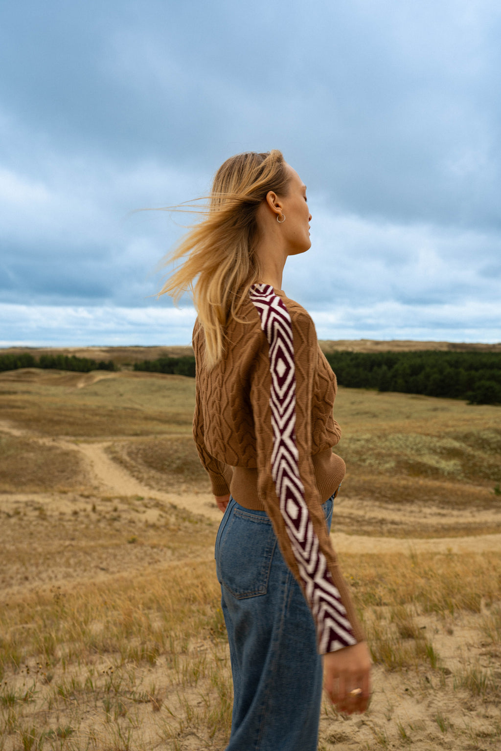 Michonet – Pull Cable Camel, mannequin de dos, pull marron en maille, manches à motifs