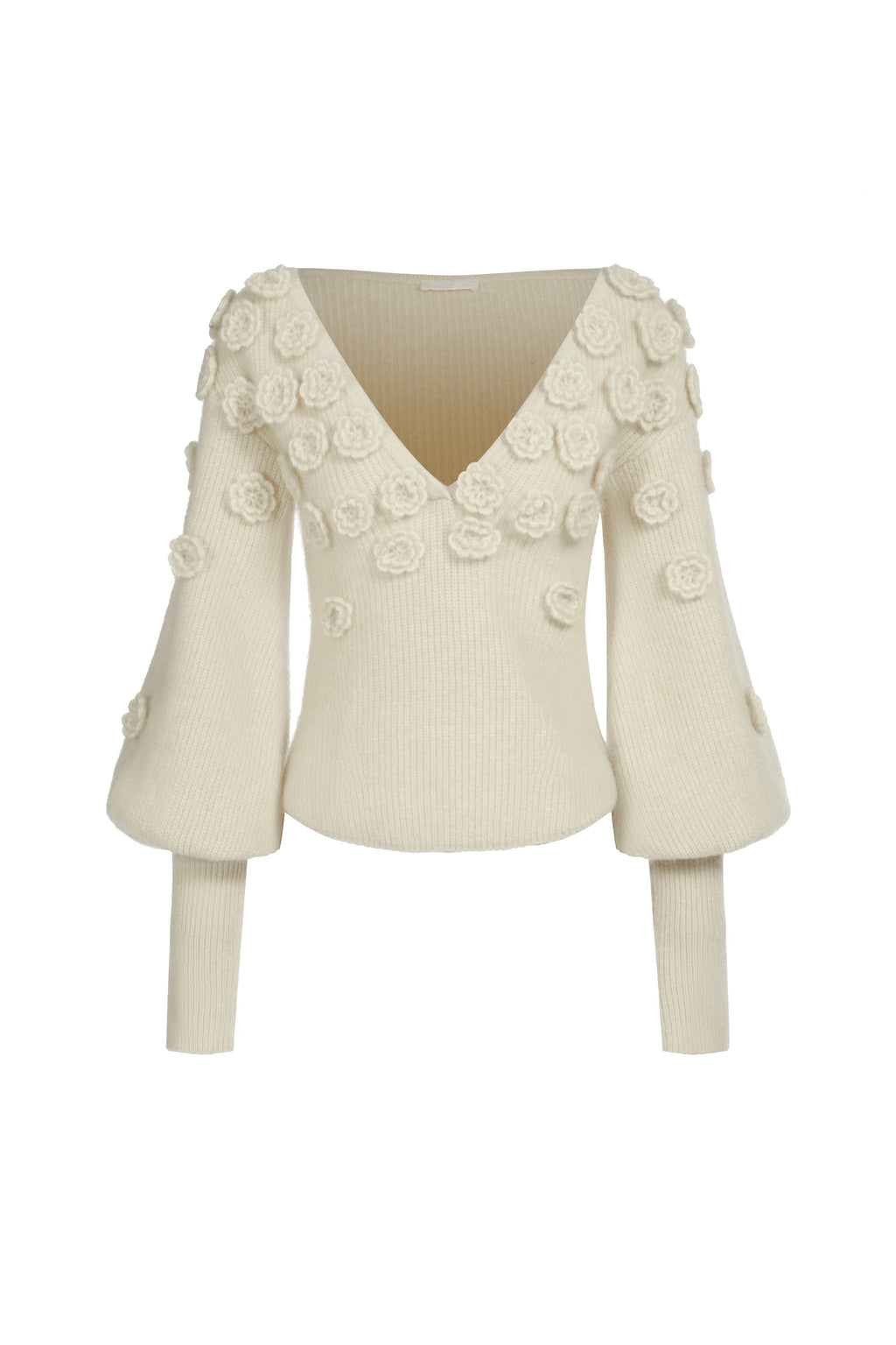 Pull Col V En Mohair Et Laine À Fleurs - Blanc