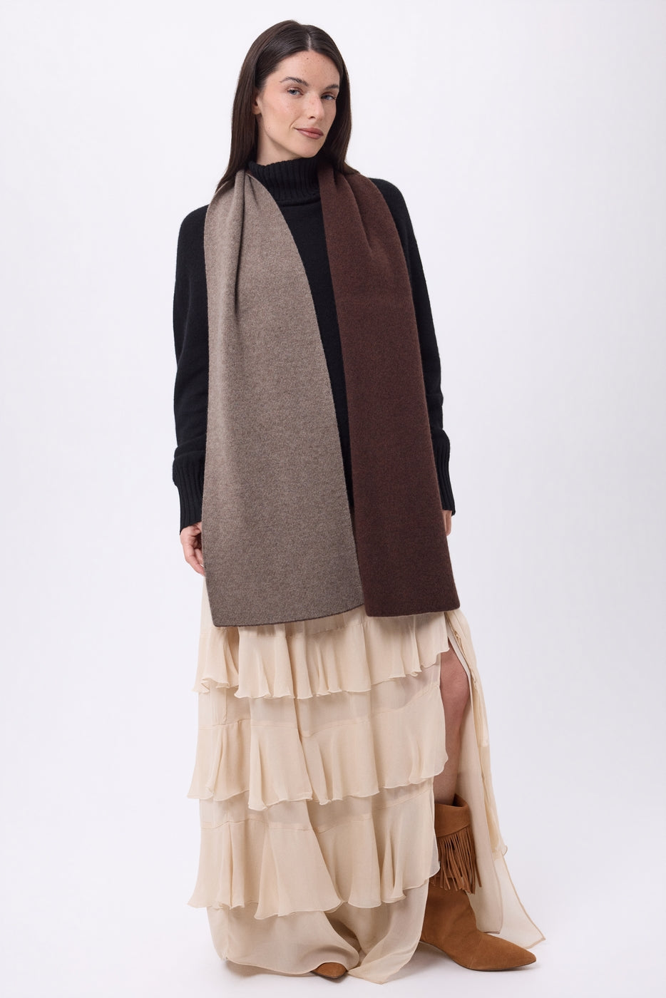 Sciarpa Molto Spessa Double Face Bicolore Duo - Nocciola-Marrone Cioccolato - Unisex - 100% Cashmere