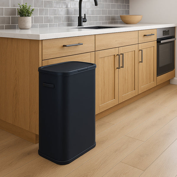 Poubelle de cuisine push 60L PORTLAND en acier Inox NOIR Ouverture par simple pression