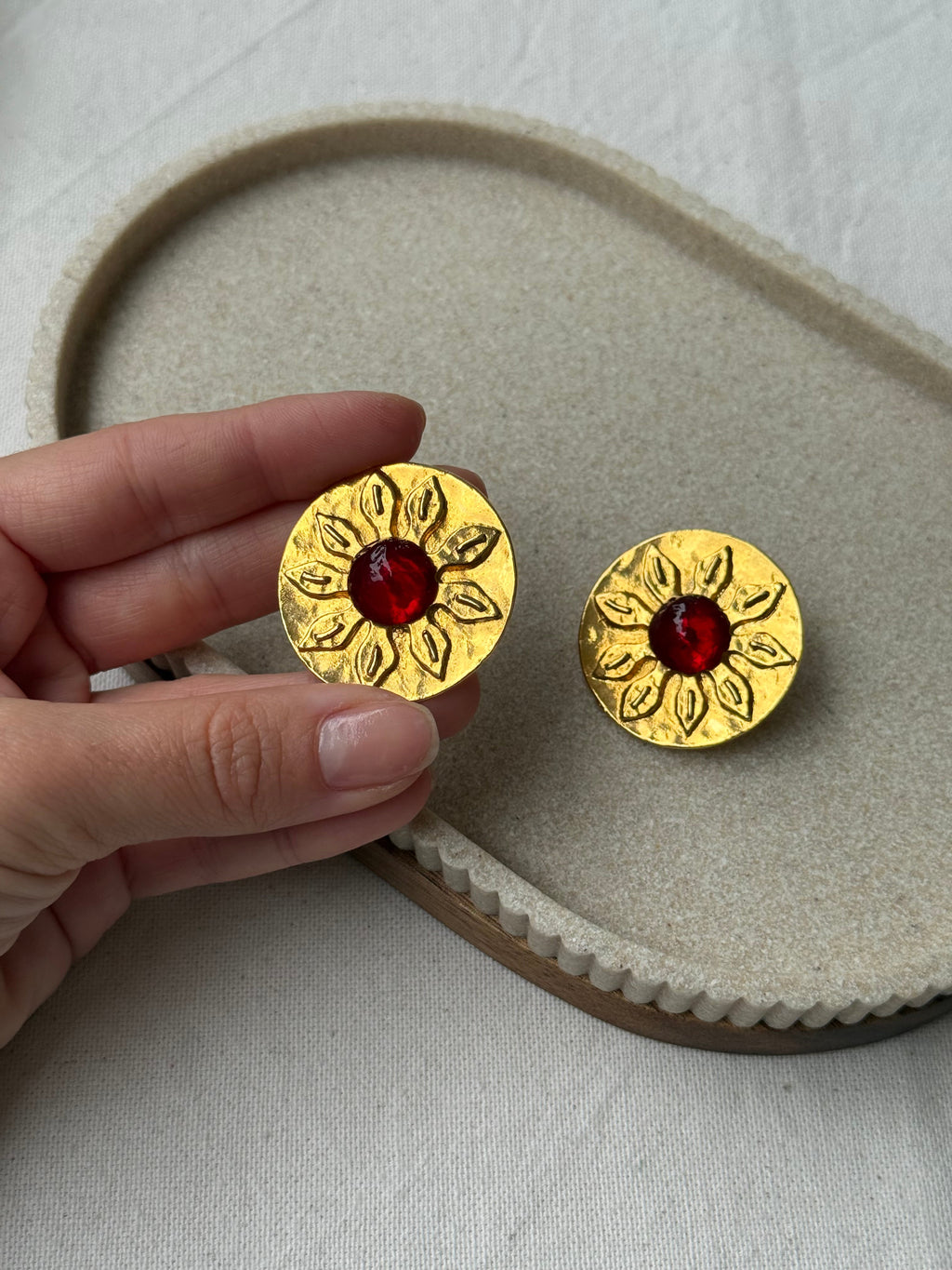 Vintage Carita Earrings - Golden Flowers and Red Cabochon