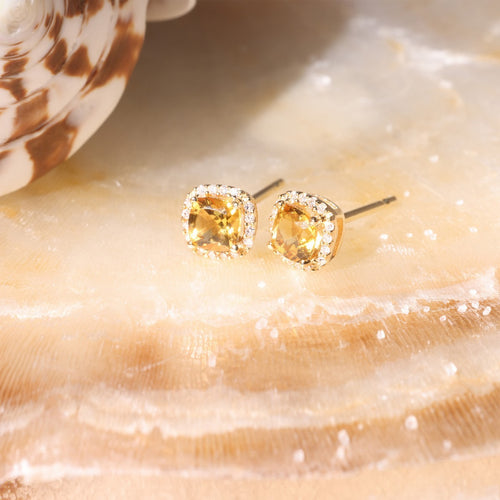 “Popi Cushion Citrine” Earrings Diamond 0.07/32 + Citrine 0.6/2 – Yellow Gold