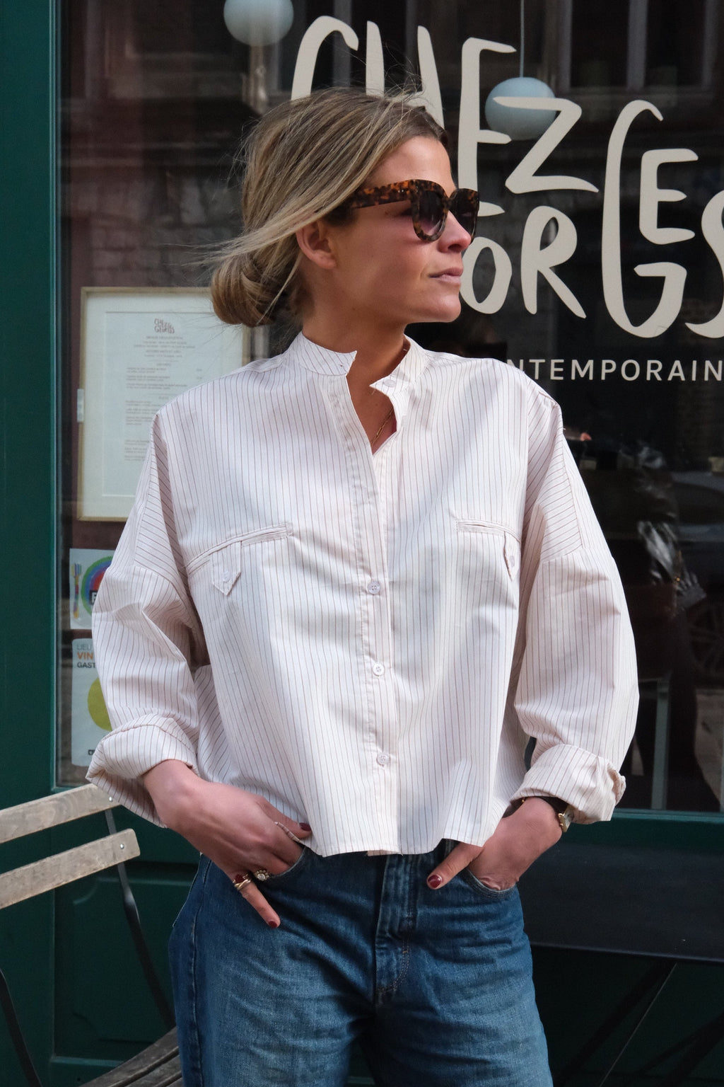 Astrid Mandarin Collar Blouse Beige Stripe