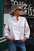 Astrid Mandarin Collar Blouse Beige Stripe