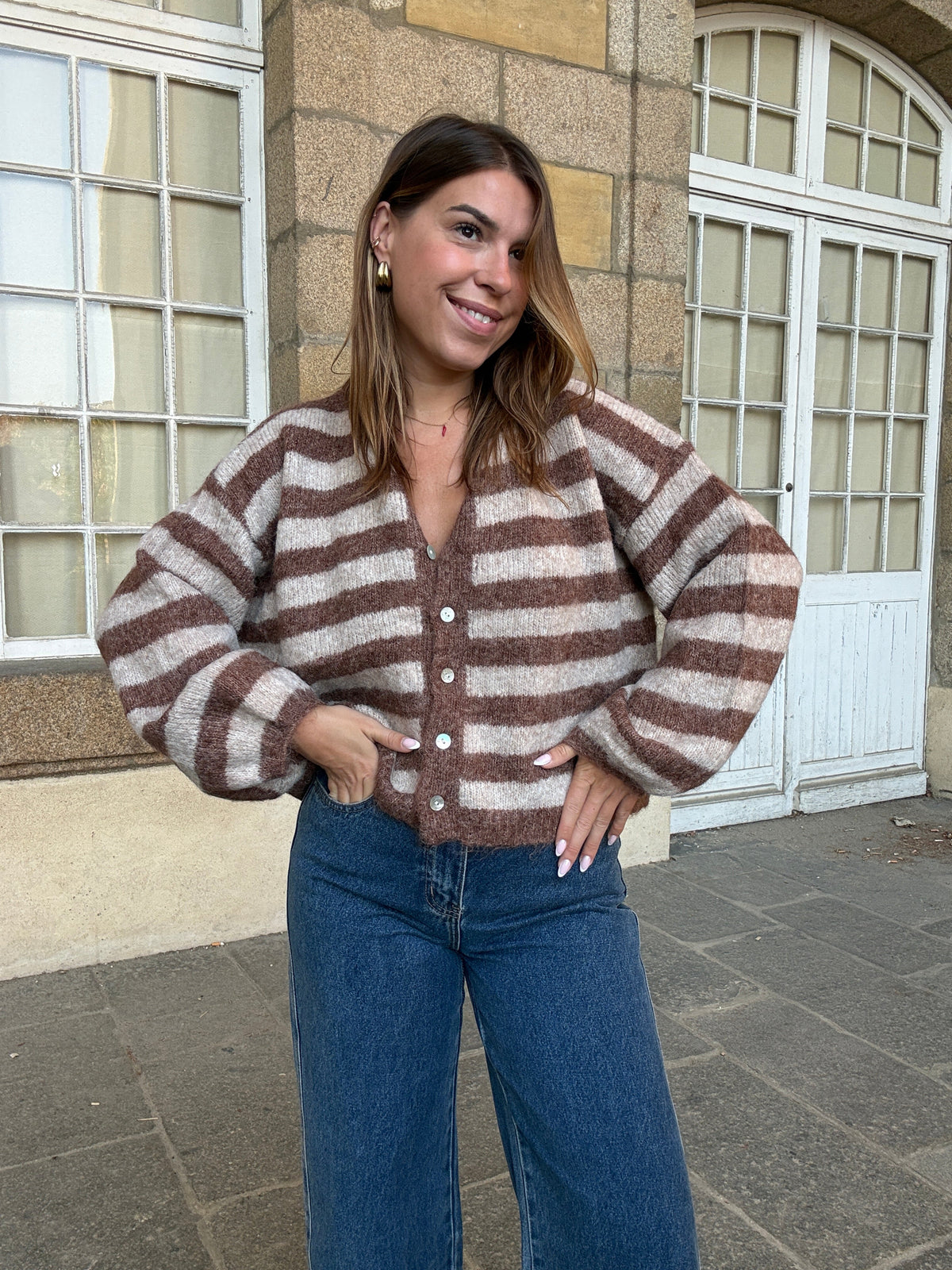 Véra camel and beige striped cardigan