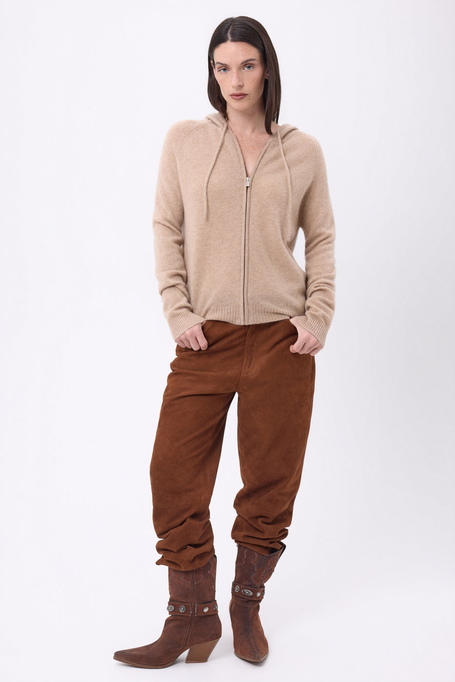 Vest met capuchon en rits Elya - Beige Crème - Dames - 100% Kasjmier