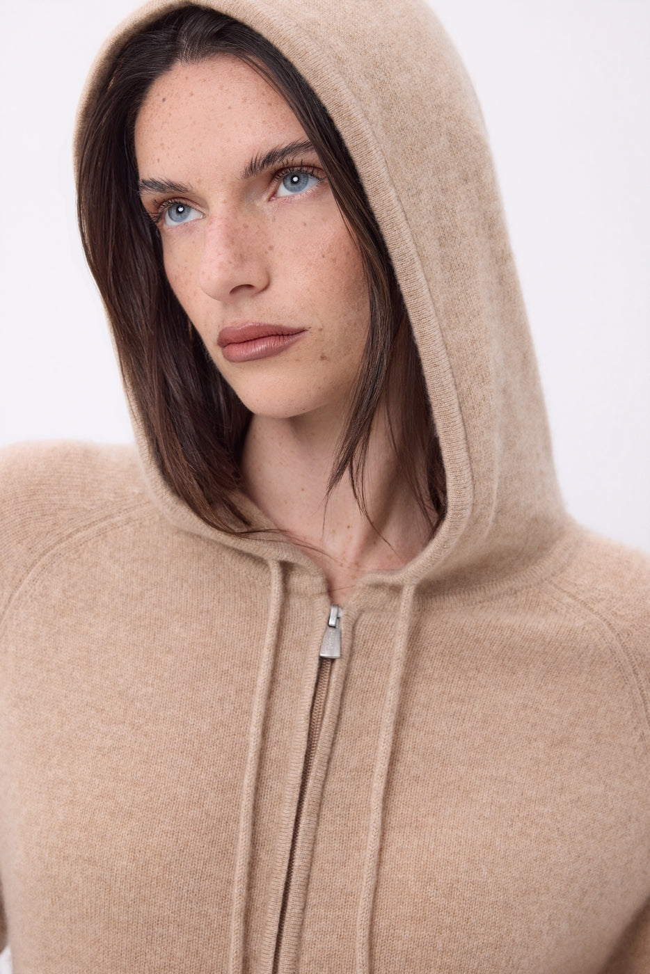 Vest met capuchon en rits Elya - Beige Crème - Dames - 100% Kasjmier