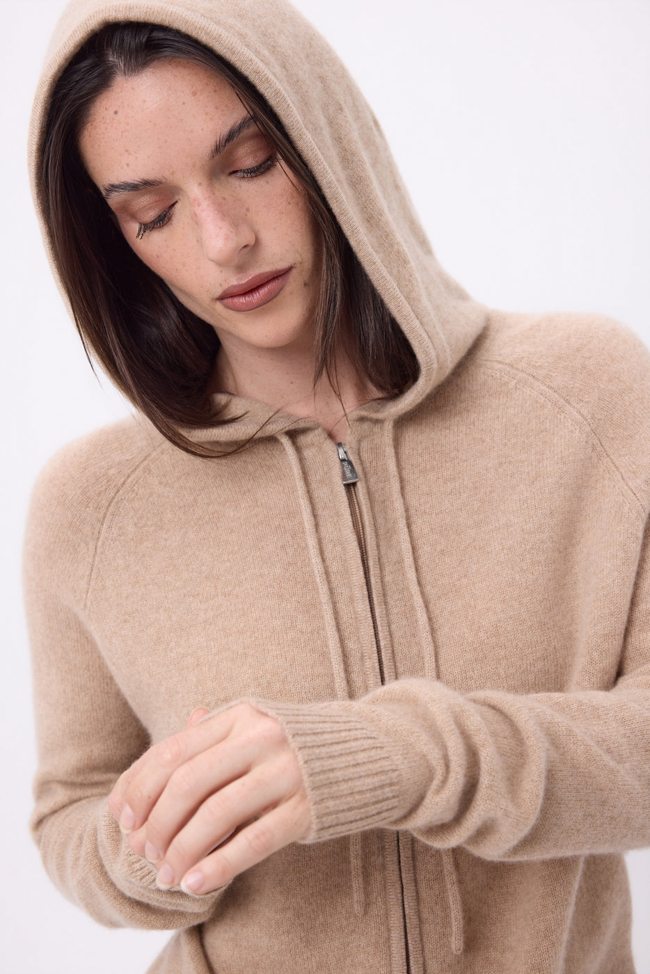 Vest met capuchon en rits Elya - Beige Crème - Dames - 100% Kasjmier