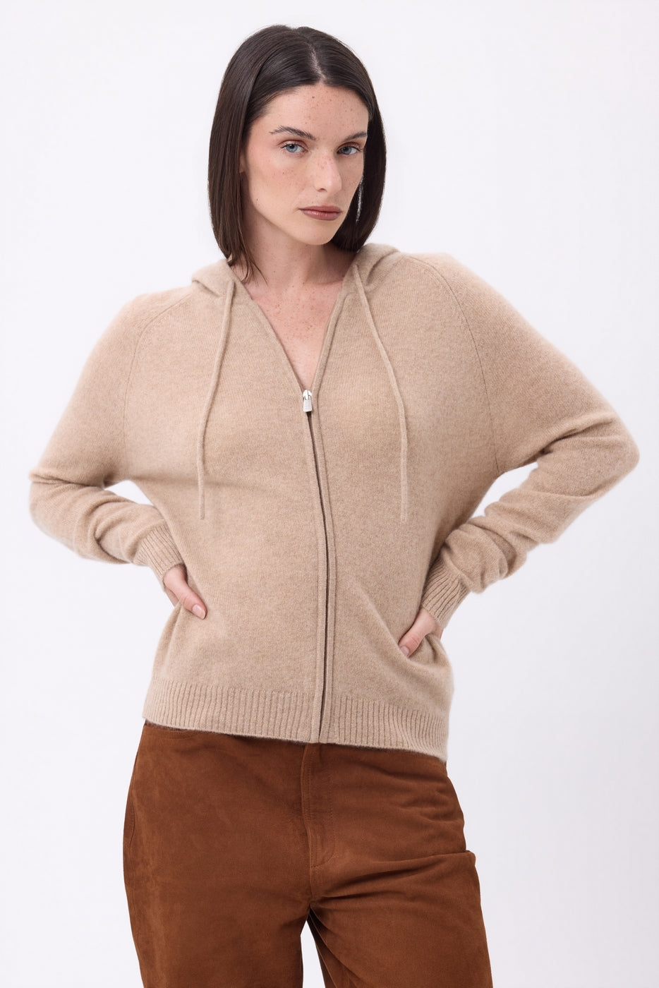 Vest met capuchon en rits Elya - Beige Crème - Dames - 100% Kasjmier