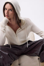 Sweat Zippe A Capuche Elya - Blanc - Femme - 100% Cachemire