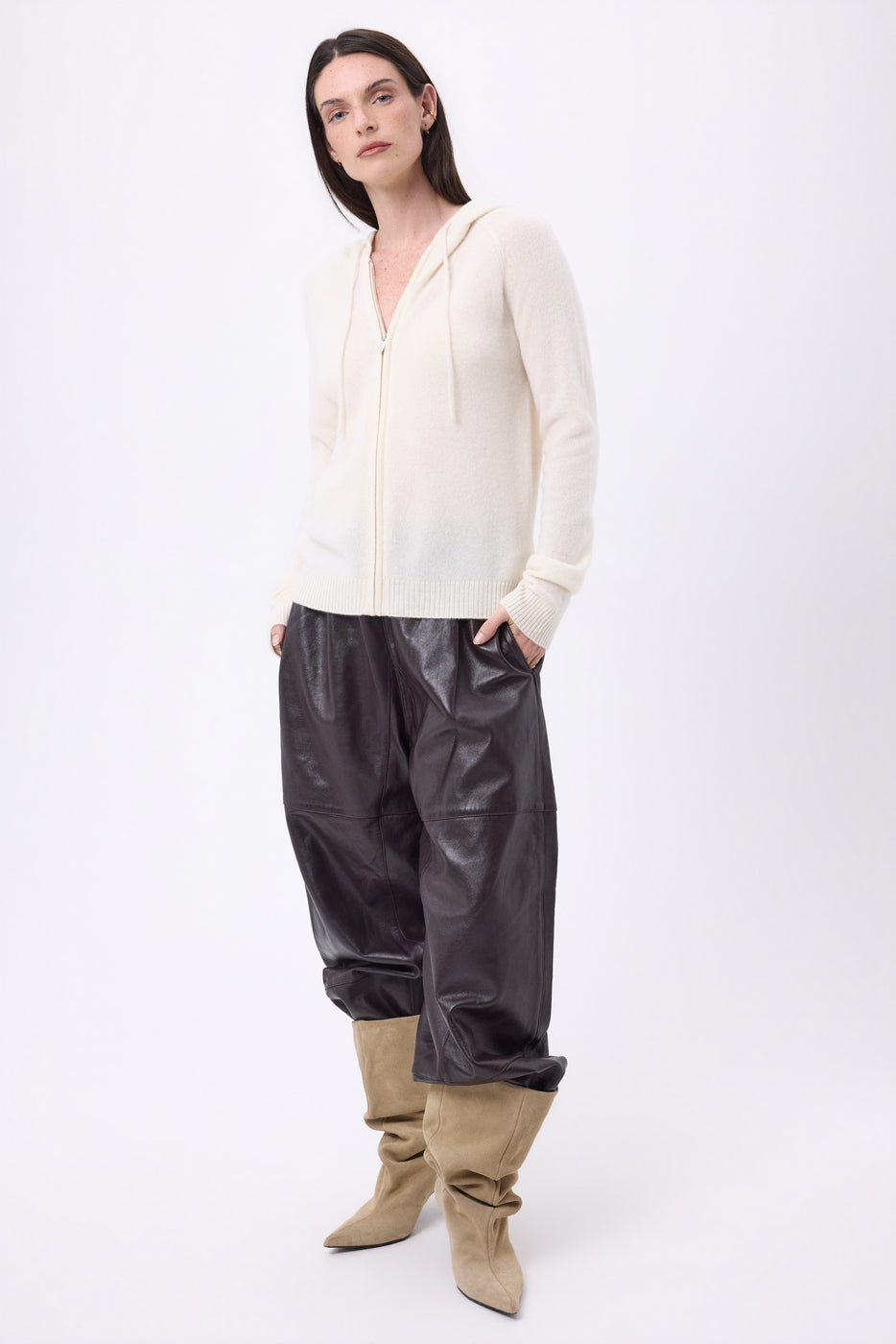 Sweat Zippe A Capuche Elya - Blanc - Femme - 100% Cachemire