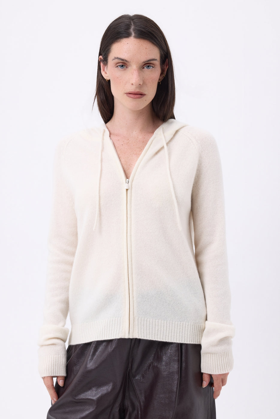 Sweat Zippe A Capuche Elya - Blanc - Femme - 100% Cachemire