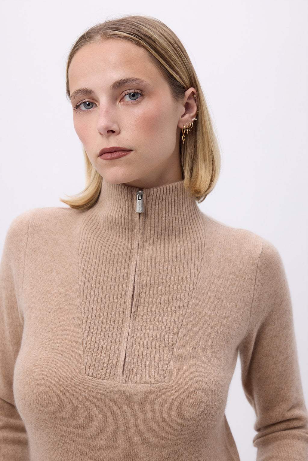 Emilie Striktrøje Med Halv Lynlås - Cremebeige - Kvinder
