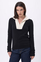 Jersey de cuello camionero con cremallera Emy - Negro Blanco - Mujer