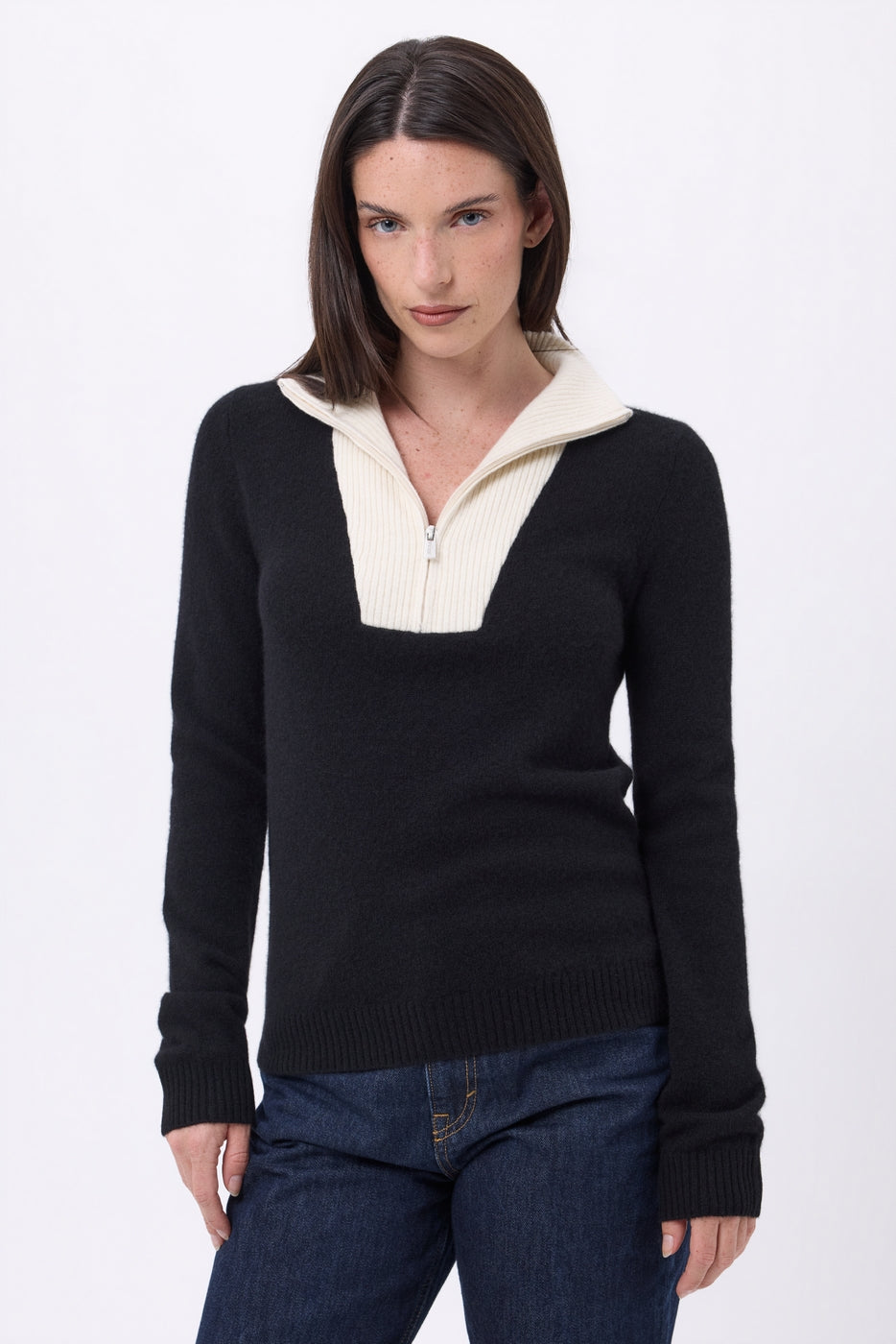 Jersey de cuello camionero con cremallera Emy - Negro Blanco - Mujer