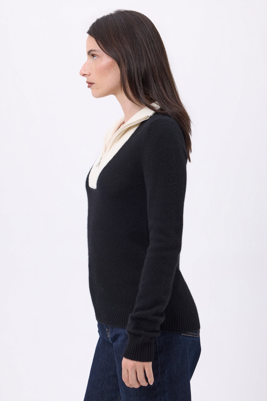 Jersey de cuello camionero con cremallera Emy - Negro Blanco - Mujer