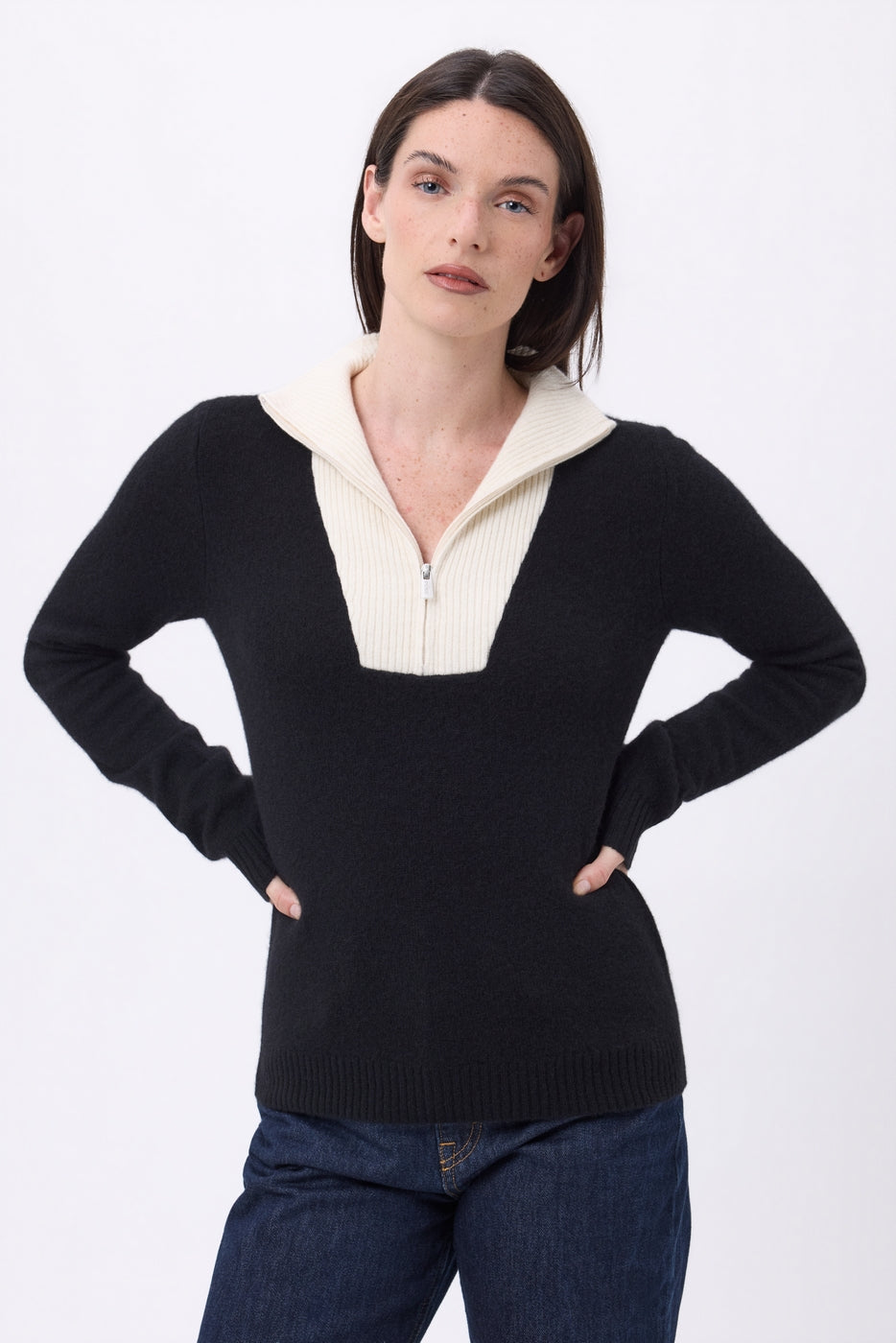 Jersey de cuello camionero con cremallera Emy - Negro Blanco - Mujer