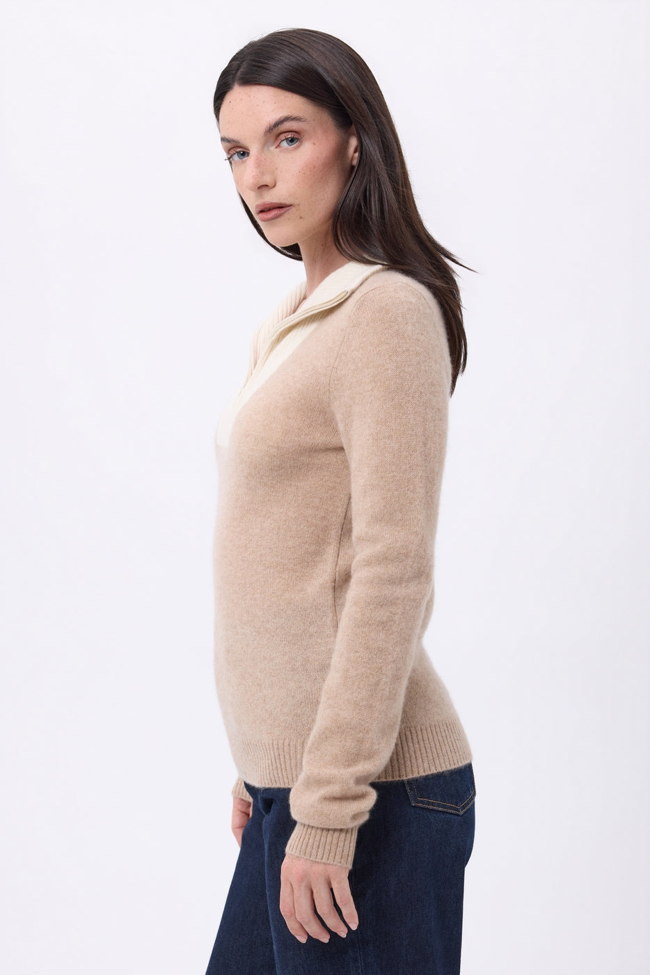 Maglione Collo Camionista Con Zip Emy - Beige Crema Bianco - Donna - 100% Cashmere