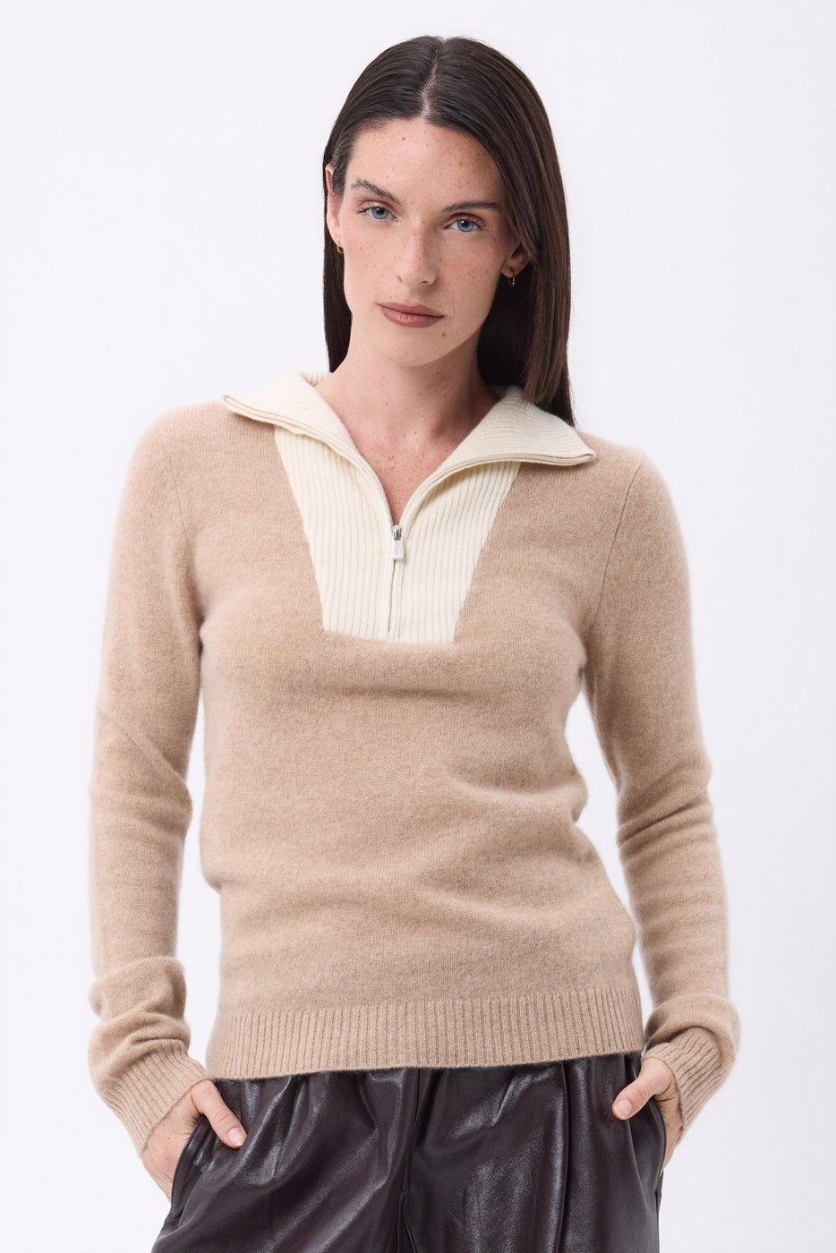 Maglione Collo Camionista Con Zip Emy - Beige Crema Bianco - Donna - 100% Cashmere