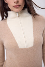 Maglione Collo Camionista Con Zip Emy - Beige Crema Bianco - Donna - 100% Cashmere