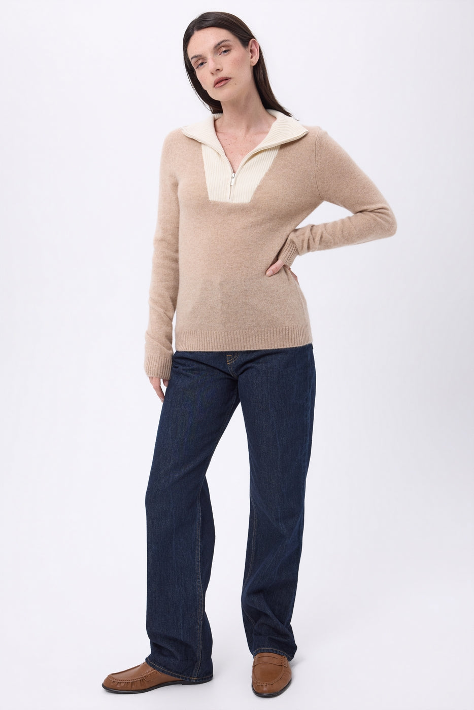 Maglione Collo Camionista Con Zip Emy - Beige Crema Bianco - Donna - 100% Cashmere