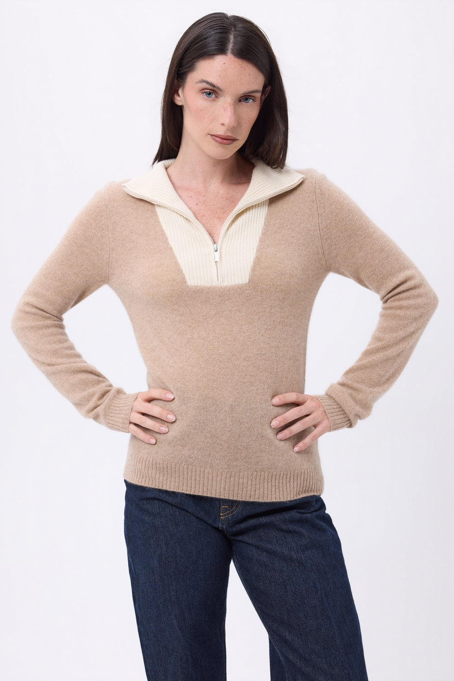 Maglione Collo Camionista Con Zip Emy - Beige Crema Bianco - Donna - 100% Cashmere