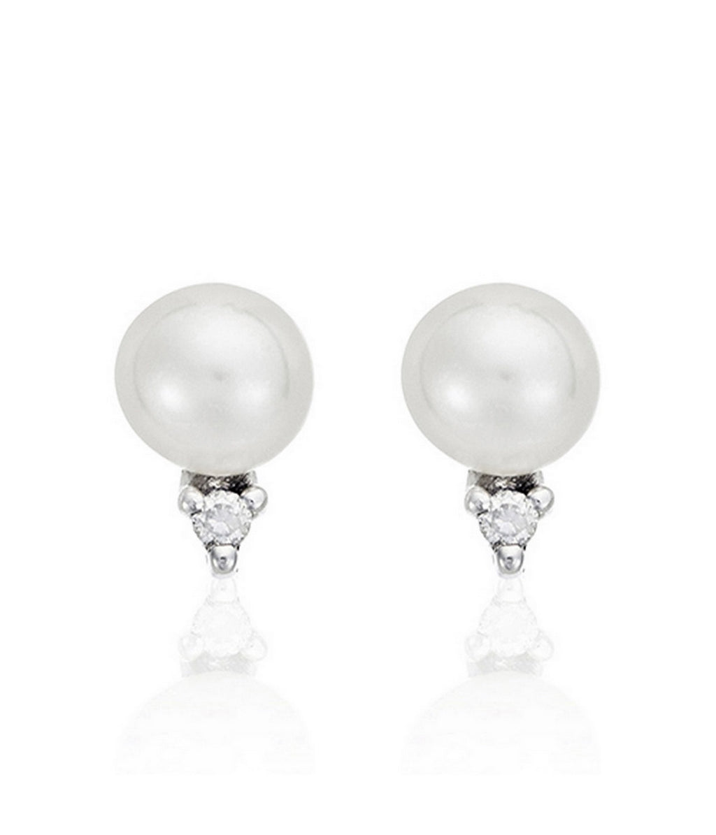 "Brilliant Trio Pearls" Earrings - White Pearls and Diamonds: 0.02Ct/2 - White Gold